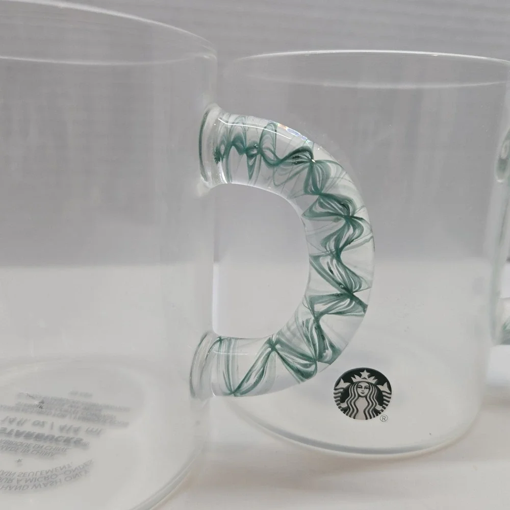 Two Starbucks Holiday 2023 Gradient Green Glass Swirl Handle Glass Mug 14oz RARE